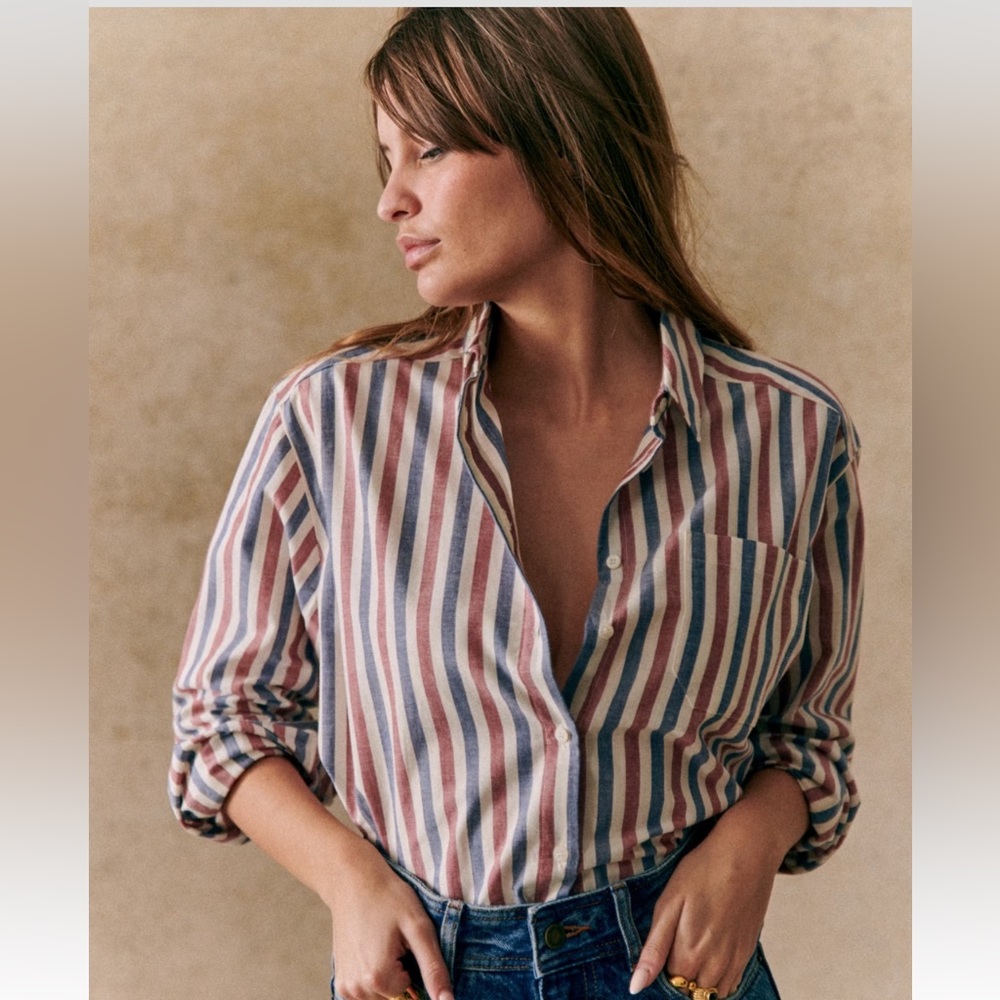 Sezane Max Shirt - Blue ecru burgundy stripes - 36 - 4
